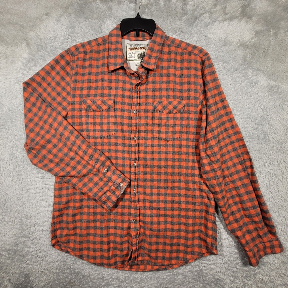 Third‎ & Army XL Mens Flannel Shirt Long Sleeve Button Down Plaid Orange Gray